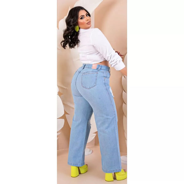 Calça Jeans Azul Claro Feminino Pantalona Wide Leg Destroyed Plus Size